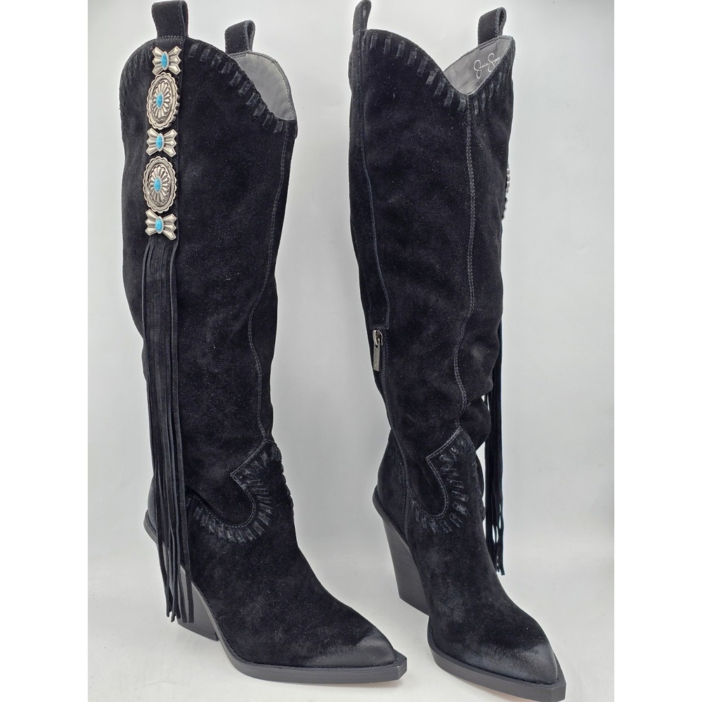 Jessica Simpson Women's Lisabeth Knee-High Fringe Cowbow Boots -‎ Black Size 5M